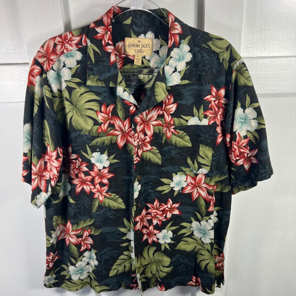 Havana Jacks Cafe Mens Large Black Silk Floral Tropical Hibiscus Camp Shirt L